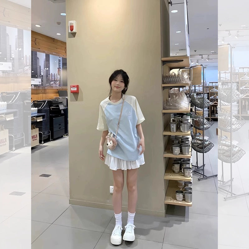 Contrasting Raglan Cotton Short-Sleeve Tee