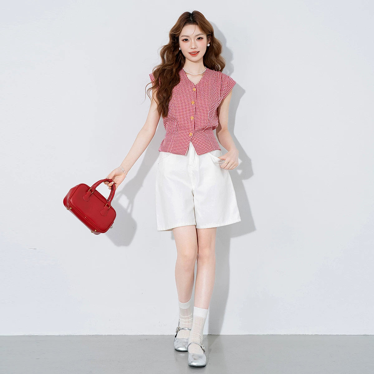 V-Neck Flying-Sleeve Gingham Blouse