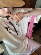 Ribbon Print Oversized Tee - kawaii-inspired outfit in pastel colors - 33761894