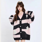 Fuzzy Striped Knit Cardigan Sweater - kawaii-inspired outfit in pastel colors - 42702376