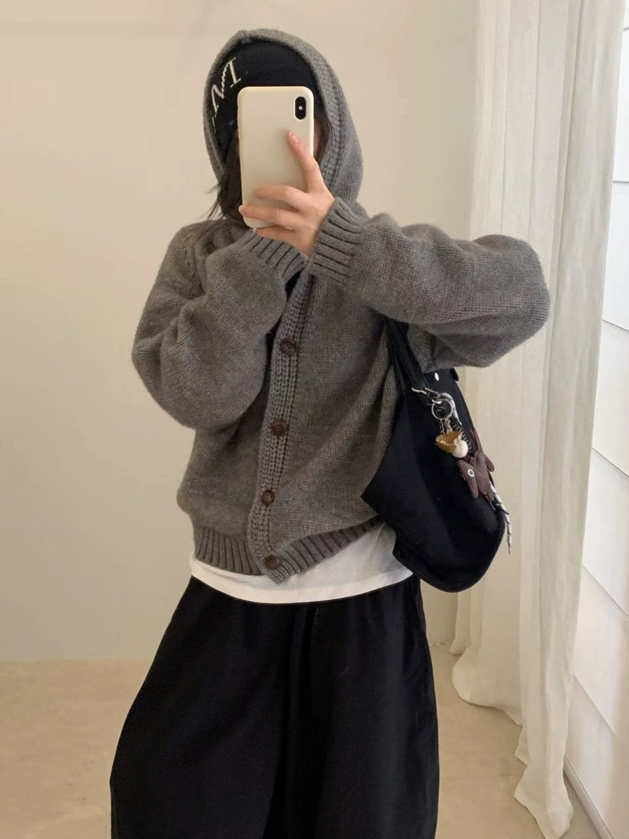 Korean Lazy-Style Hooded Knit Cardigan