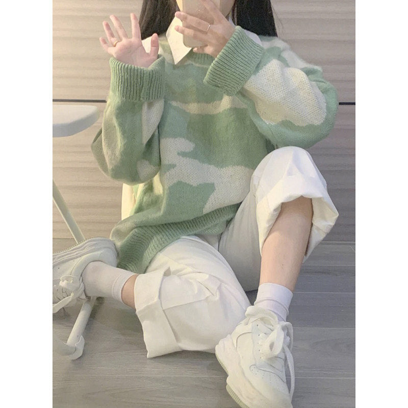 Pastel Camouflage Knit Sweater Top - kawaii-inspired outfit in pastel colors - 4728857