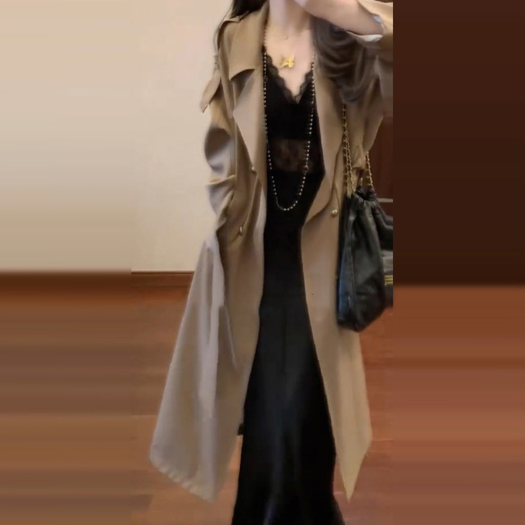 Khaki High-End British Midi Trench Coat