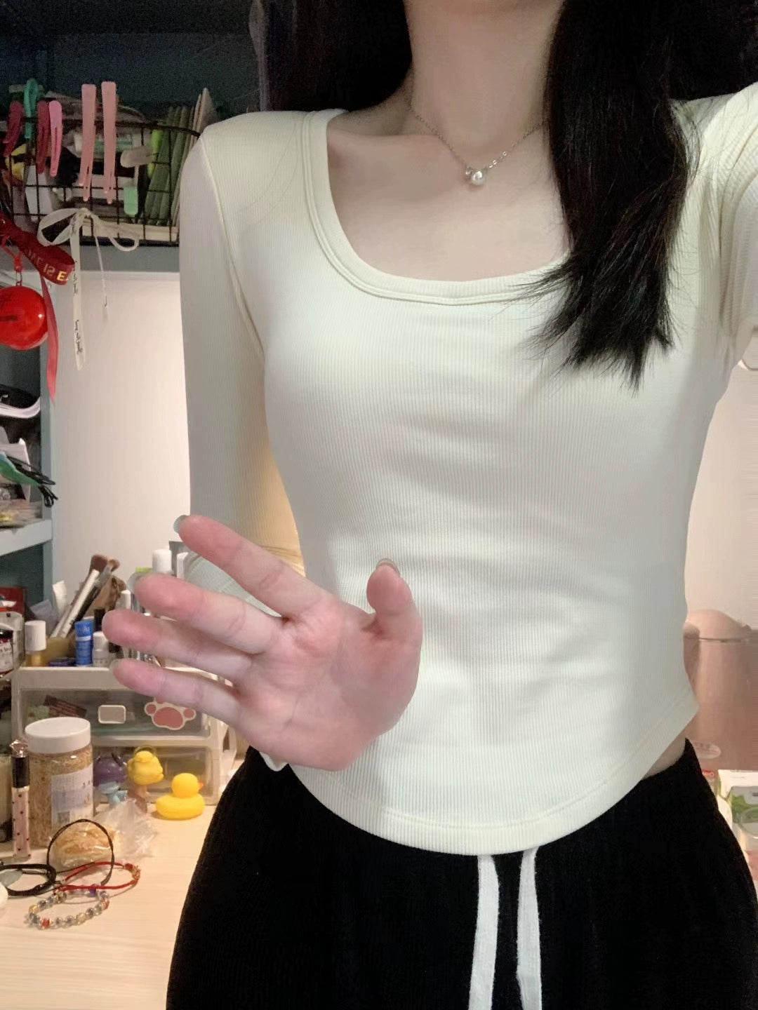 Pure Cotton Square-Neck Long-Sleeve Tee