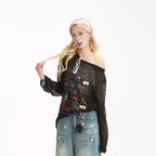 Pink Graffiti Sheer Off-Shoulder Knit Top - kawaii-inspired outfit in pastel colors - 83103858