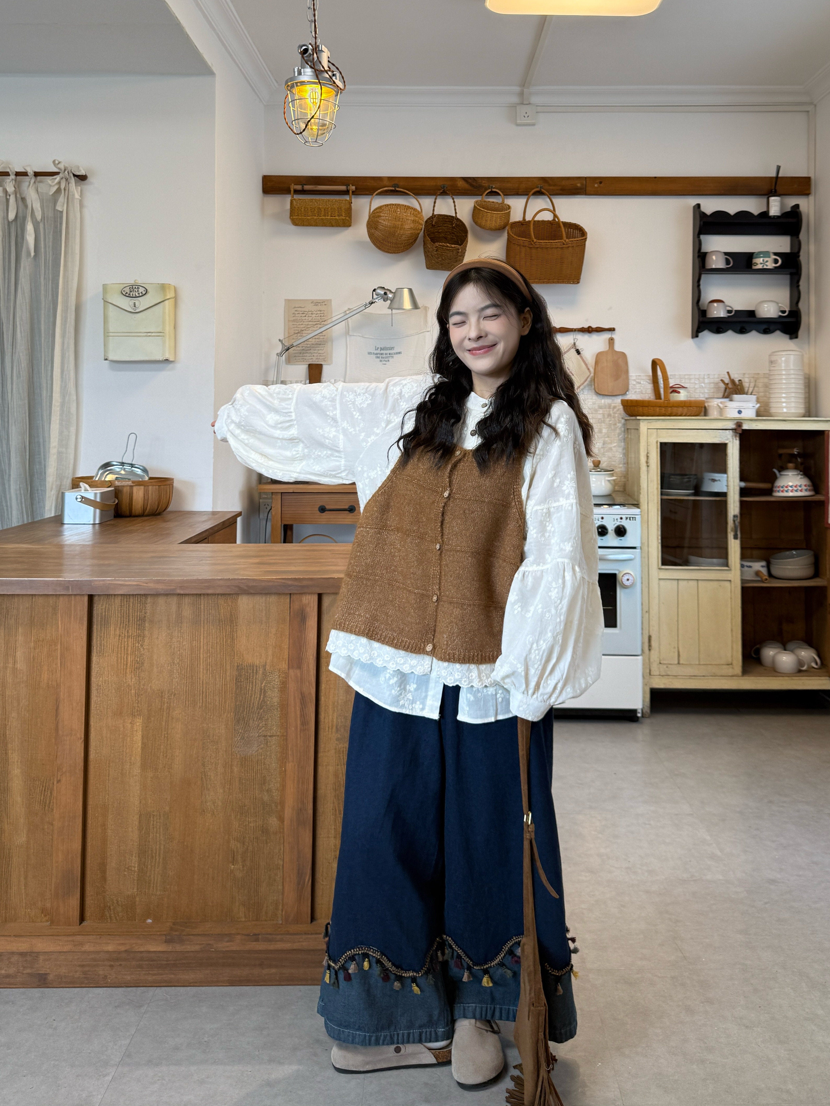 Plus Size Lace Vest Embroidered Shirt & Jeans Set - kawaii-inspired outfit in pastel colors - 12015837