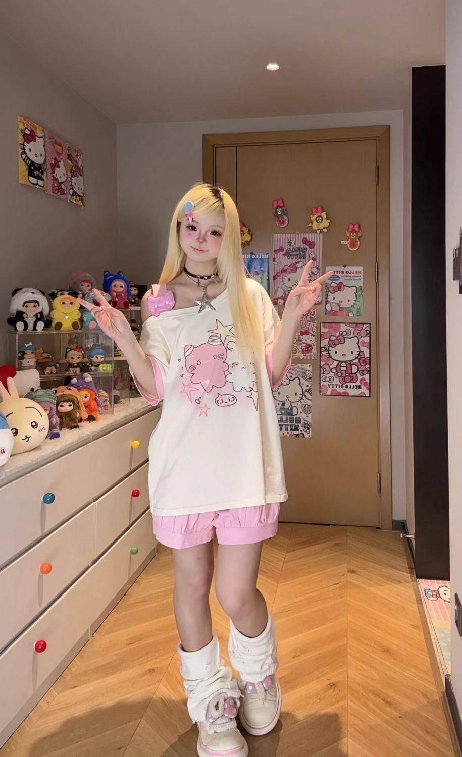 Cute Slanted Shoulder Cotton T-Shirt