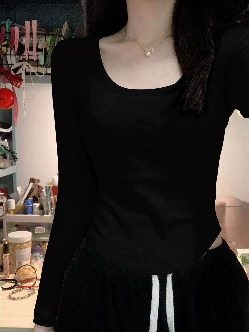 Pure Cotton Square-Neck Long-Sleeve Tee