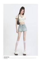High-Waisted Denim Overlap Skort - kawaii-inspired outfit in pastel colors - 87352800