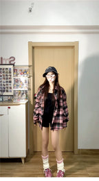 Oversize Vintage Plaid Shirt Jacket - kawaii-inspired outfit in pastel colors - 7525564