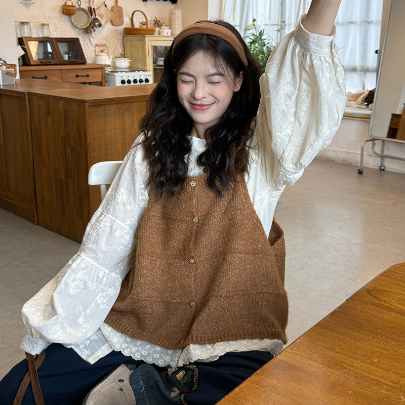 Plus Size Lace Vest Embroidered Shirt & Jeans Set - kawaii-inspired outfit in pastel colors - 21203738