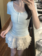 Fake Two-Piece Floral Short-Sleeve T-Shirt - kawaii-inspired outfit in pastel colors - 9131301