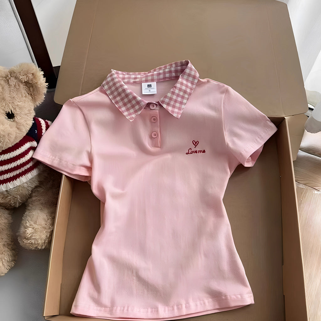 Pink Plaid-Collar Sweet Summer Polo Tee - kawaii-inspired outfit in pastel colors - 37320836