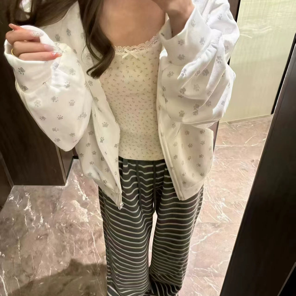 Cute Kitten-Ear Paw-Print Zip Hoodie