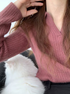 French Soft V-Neck Long-Sleeve Knit Sweater - kawaii-inspired outfit in pastel colors - 60955205