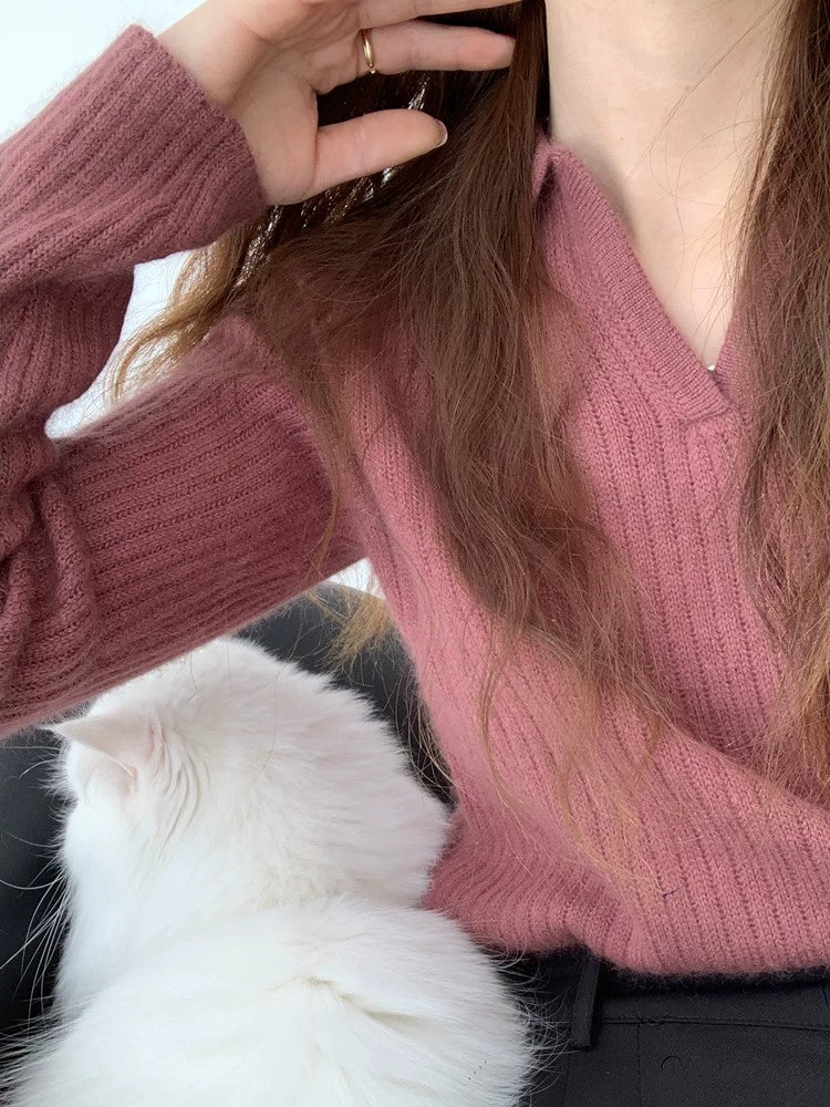 French Soft V-Neck Long-Sleeve Knit Sweater