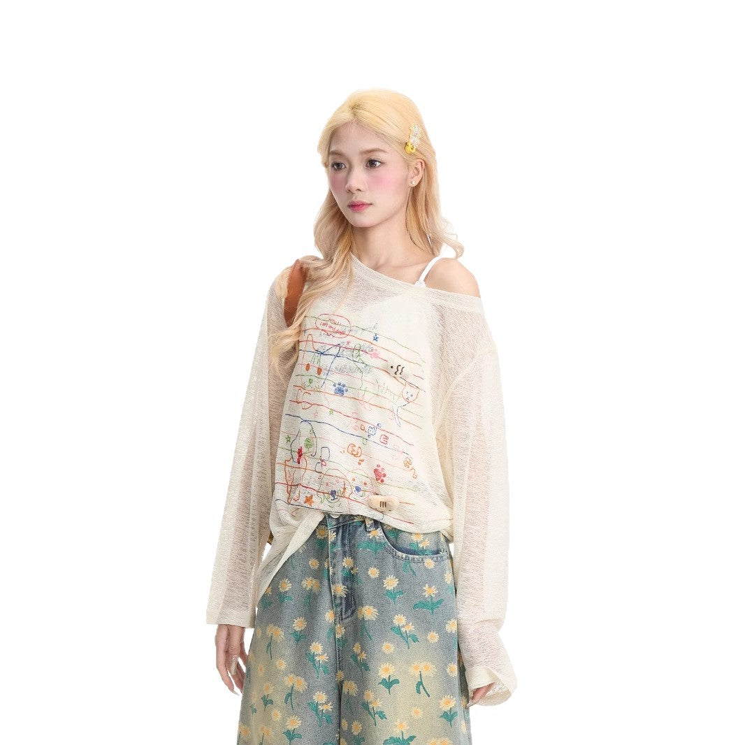 Pink Graffiti Sheer Off-Shoulder Knit Top