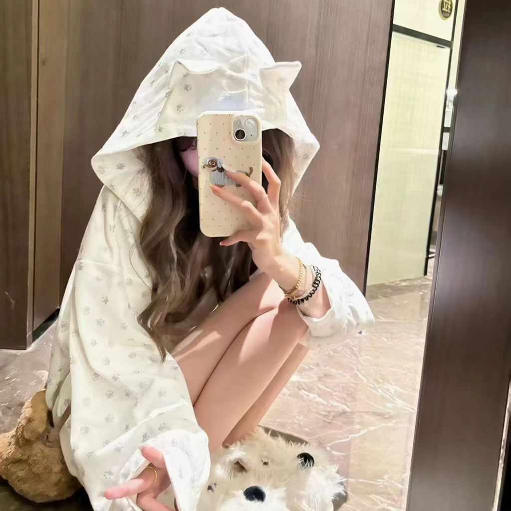 Cute Kitten-Ear Paw-Print Zip Hoodie