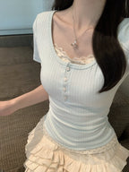 Fake Two-Piece Floral Short-Sleeve T-Shirt - kawaii-inspired outfit in pastel colors - 63806437