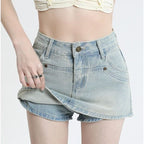 High-Waisted Denim Overlap Skort - kawaii-inspired outfit in pastel colors - 68403030