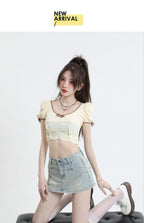 High-Waisted Denim Overlap Skort - kawaii-inspired outfit in pastel colors - 82355532