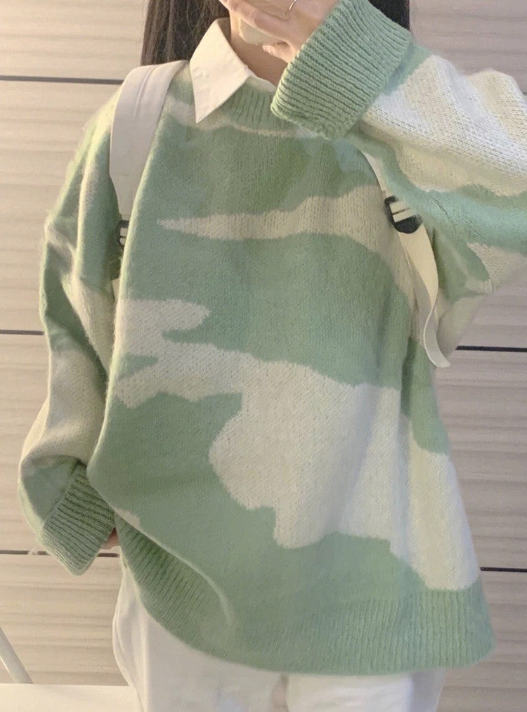 Pastel Camouflage Knit Sweater Top - kawaii-inspired outfit in pastel colors - 4130284