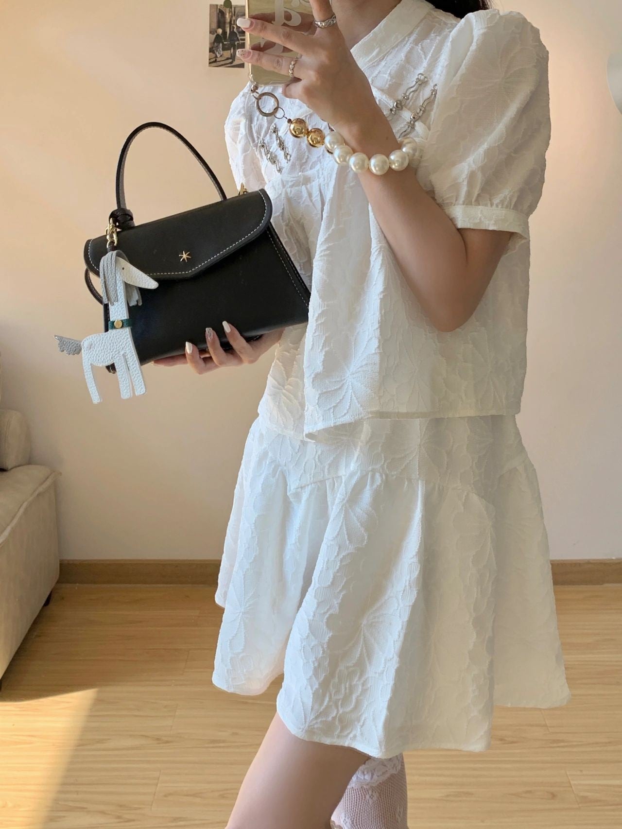 Pearl Trim Himecore Puff Sleeve Set