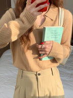 French Soft V-Neck Long-Sleeve Knit Sweater - kawaii-inspired outfit in pastel colors - 59055367