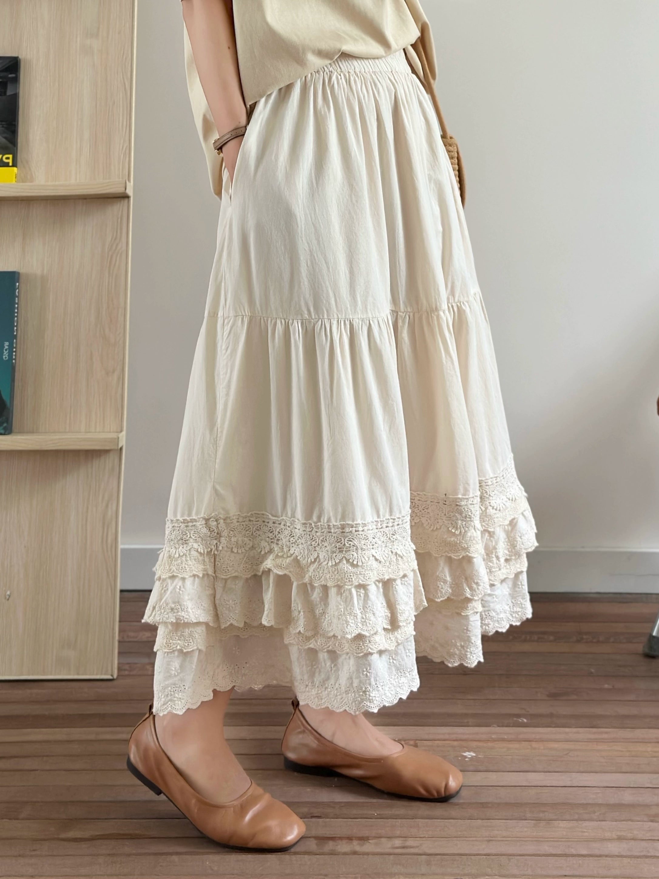 Sweet Retro Lace-Stitched Cotton Midi Skirt
