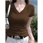 V-Neck Straight-Shoulder Slim Tee - kawaii-inspired outfit in pastel colors - 73742662