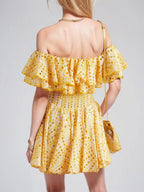 Embroidered Off-Shoulder Eyelet Mini Dress - kawaii-inspired outfit in pastel colors - 71341219