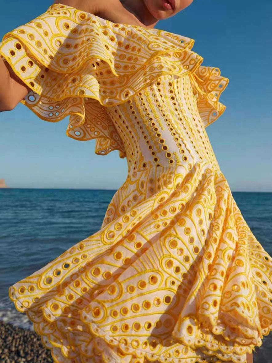 Embroidered Off-Shoulder Eyelet Mini Dress