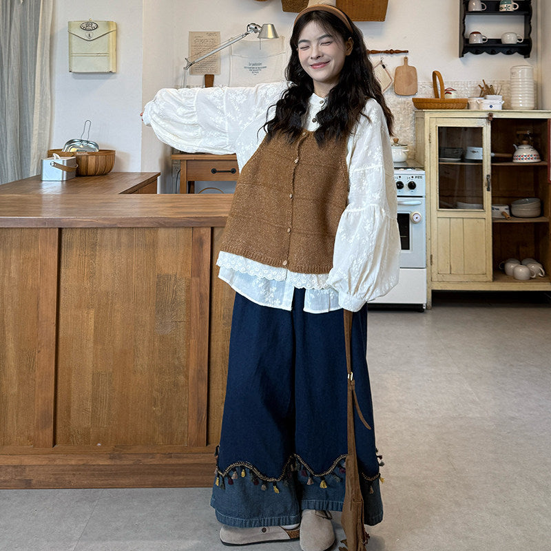 Plus Size Lace Vest Embroidered Shirt & Jeans Set - kawaii-inspired outfit in pastel colors - 71214473