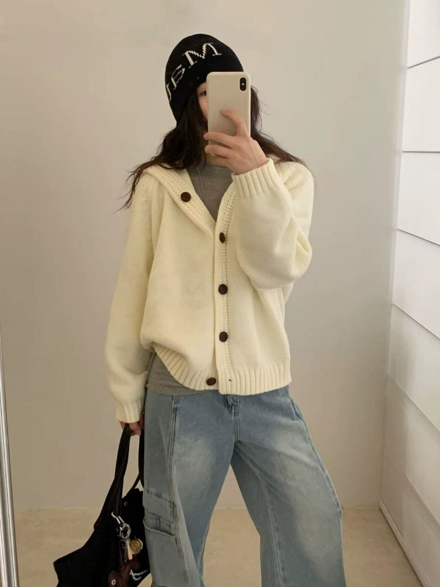 Korean Lazy-Style Hooded Knit Cardigan