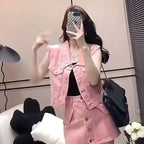 Pink Denim Vest & Skirt Two-Piece Set - kawaii-inspired outfit in pastel colors - 37131864