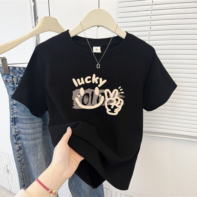 Cute Cartoon Shoulder Print Short Sleeve Tee