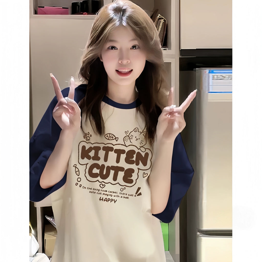 Color-Block Raglan Kitten Cute Cotton Tee