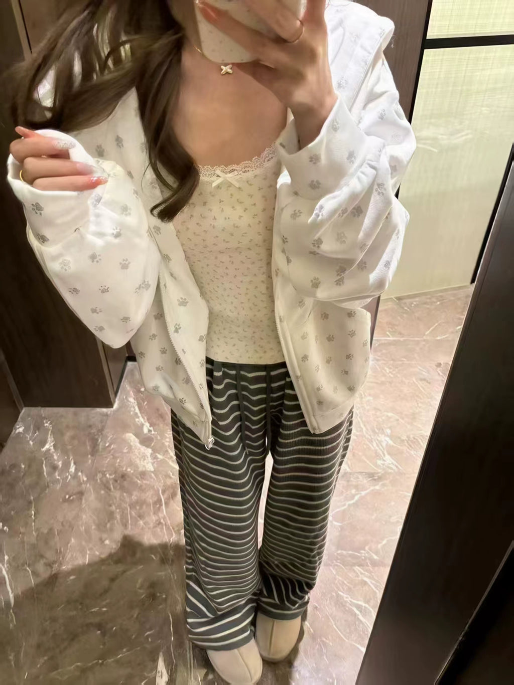 Cute Kitten-Ear Paw-Print Zip Hoodie