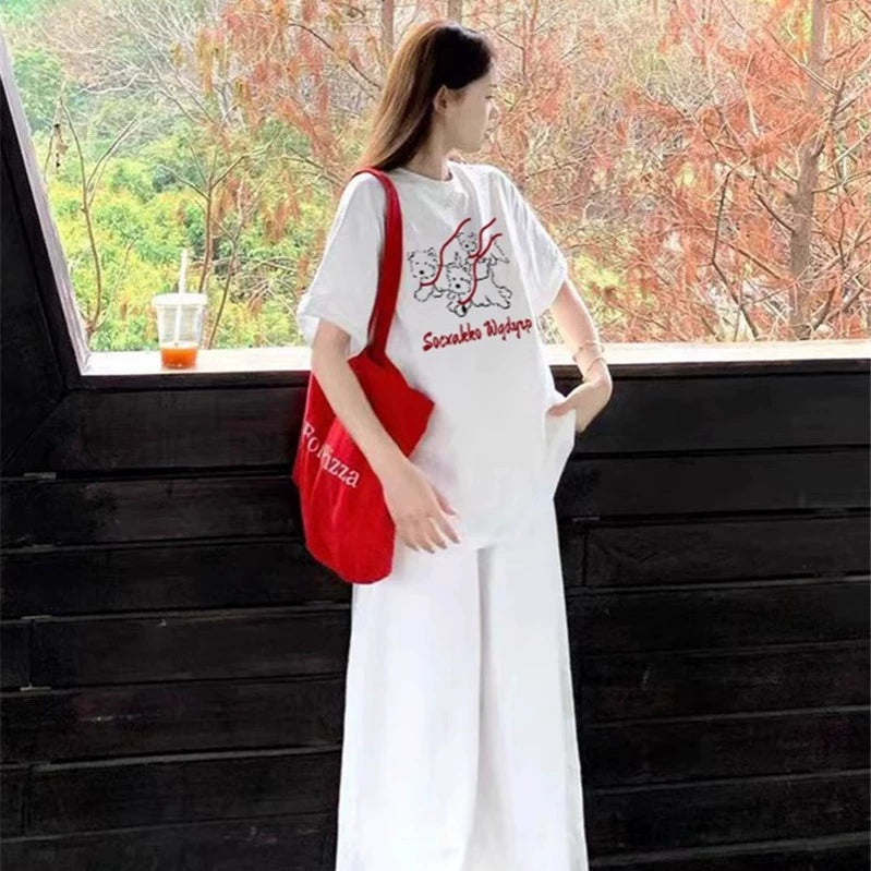 Cotton White Loose Graphic Dog T-Shirt