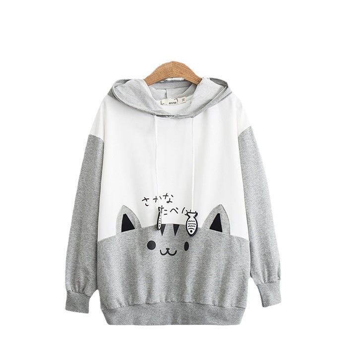 Kawaii Cat Hoodie with Fish Print & Ears