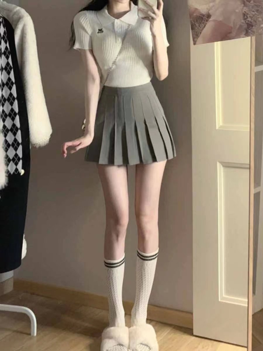 Korean College Ribbed Top & Pleated Skirt Set