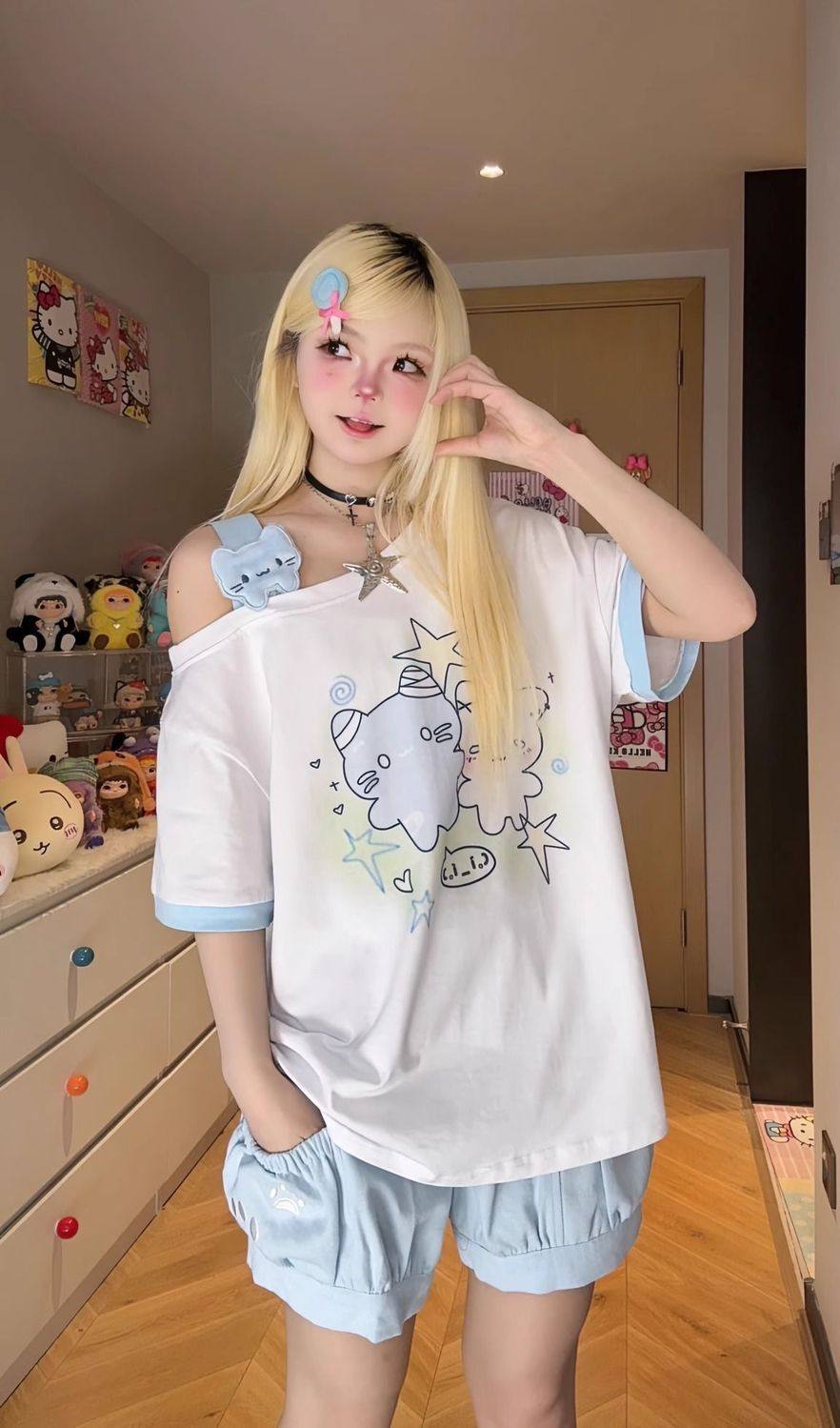 Cute Slanted Shoulder Cotton T-Shirt