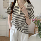 Paris Stripe Polo Tee – Cafe Cozy Edition - kawaii-inspired outfit in pastel colors - 39273459