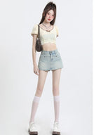 High-Waisted Denim Overlap Skort - kawaii-inspired outfit in pastel colors - 27636669