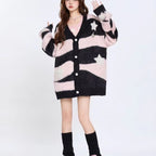 Fuzzy Striped Knit Cardigan Sweater - kawaii-inspired outfit in pastel colors - 64985350