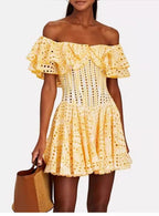 Embroidered Off-Shoulder Eyelet Mini Dress - kawaii-inspired outfit in pastel colors - 26107816