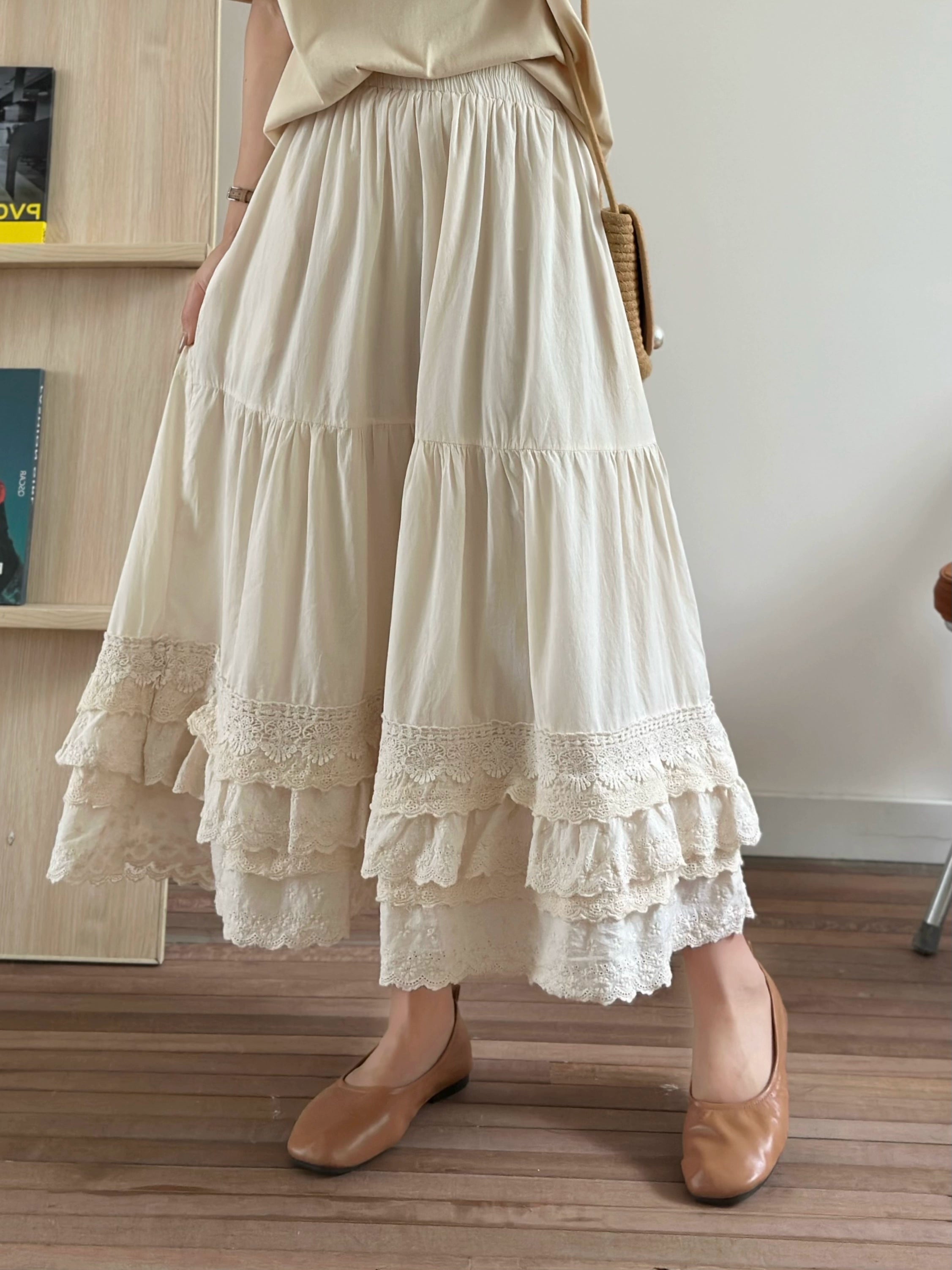 Sweet Retro Lace-Stitched Cotton Midi Skirt