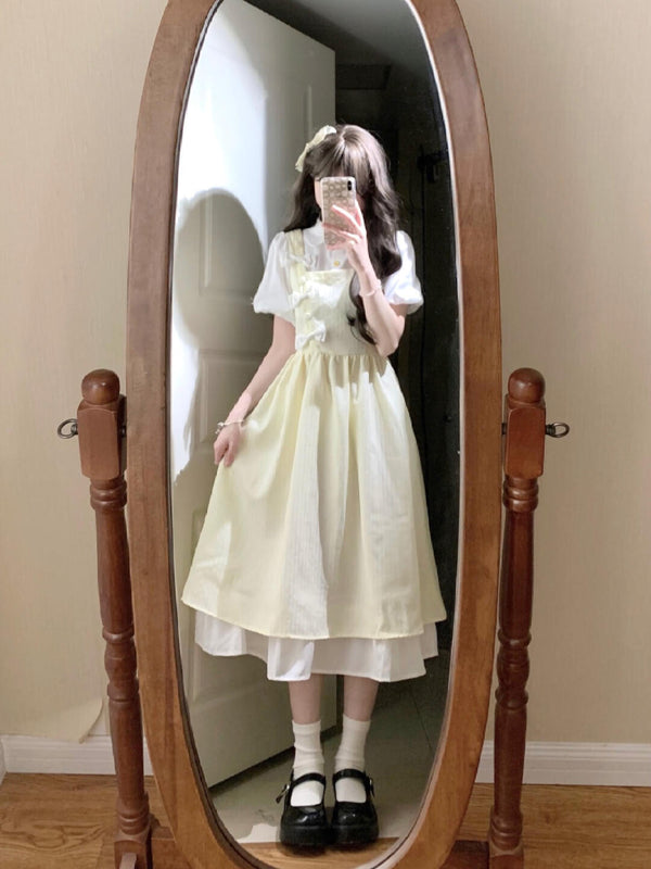 Lemon Cream Layered Bow Dress - kawaii-inspired outfit in pastel colors - 83117137