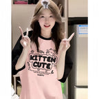 Color-Block Raglan Kitten Cute Cotton Tee - kawaii-inspired outfit in pastel colors - 85099861
