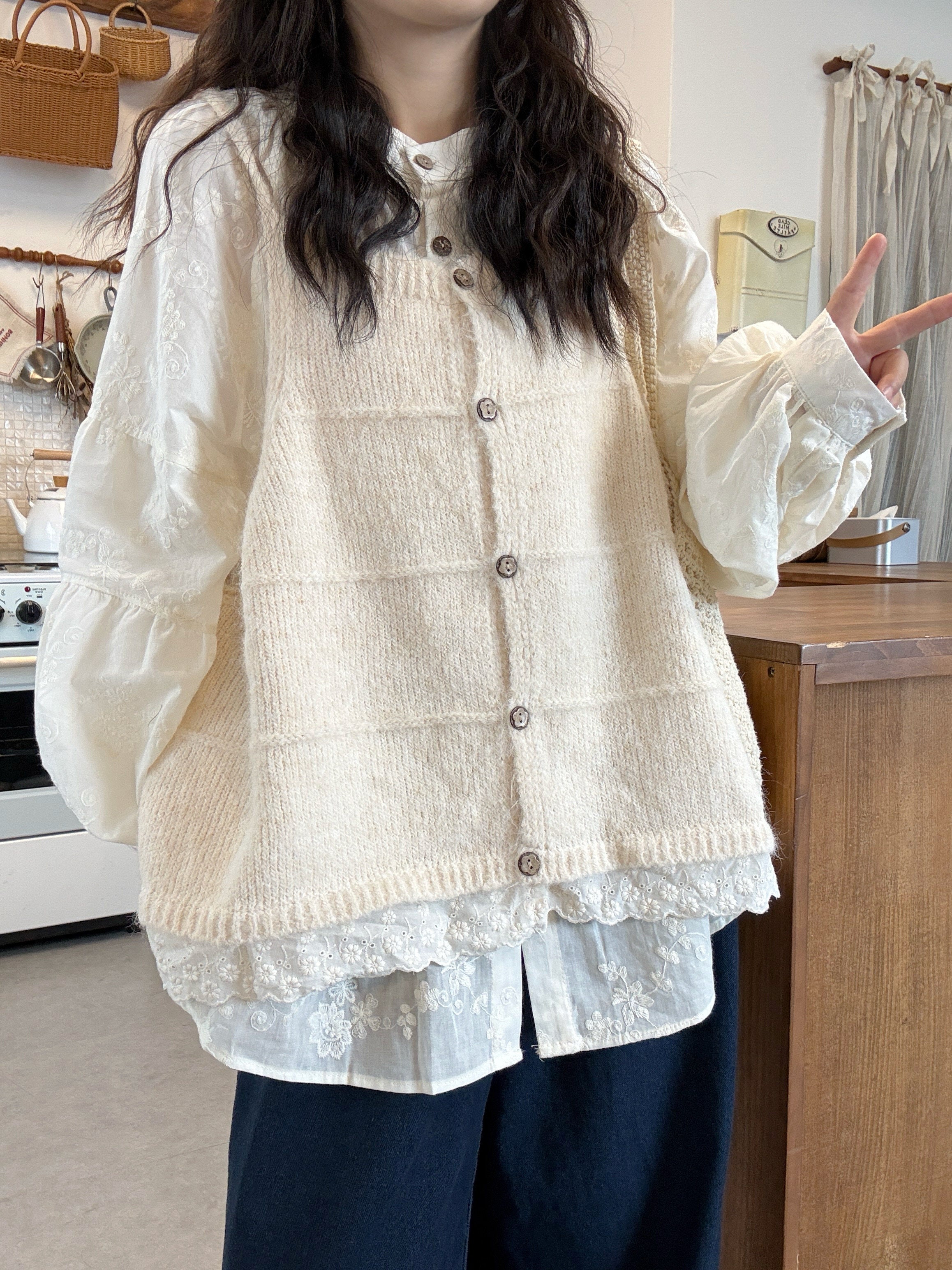 Plus Size Lace Vest Embroidered Shirt & Jeans Set - kawaii-inspired outfit in pastel colors - 65695617